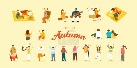 Illustration for Collection of people have outdoor activities in autumn - dancing, singing, and sitting on the picnic mat - Royalty Free Image