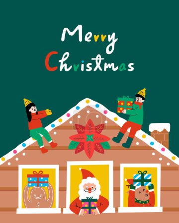 Ilustración de La gente está celebrando Feliz Navidad. Papá Noel, pan de jengibre y renos están sosteniendo regalos. - Imagen libre de derechos