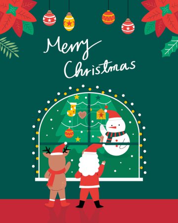 Téléchargez les illustrations : Le Père Noël et les rennes saluent le bonhomme de neige. Père Noël et rennes sont à la maison. Bonhomme de neige et sapin de Noël au champ de neige - en licence libre de droit