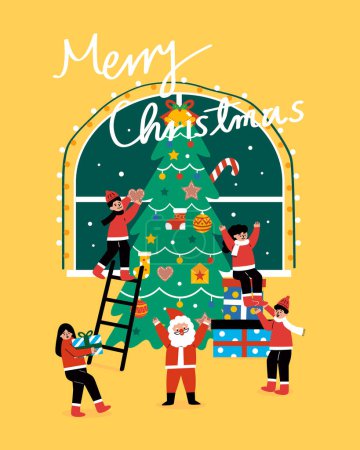 Illustration for Family celebrate Merry Christmas at home. Family decorate a Christmas tree - Royalty Free Image