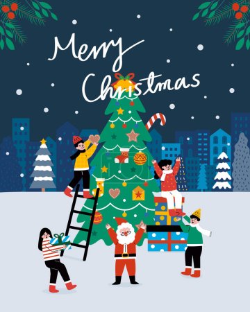 Illustration for Family celebrate Merry Christmas in the city. Family decorate a Christmas tree. - Royalty Free Image