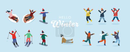 Ilustración de La gente está entrenando en la estación de esquí. La gente está corriendo y saltando en el invierno - Imagen libre de derechos