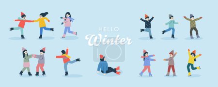 Ilustración de La gente está patinando en la estación de esquí. La gente está corriendo y saltando en el invierno - Imagen libre de derechos