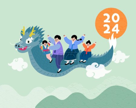 Illustration for Korean Lunar New Year. Family riding the Asian Dragon. - Royalty Free Image