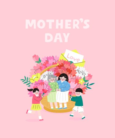 Illustration for Children hold a carnation to Mother. Mother sit on the flower basket - Royalty Free Image