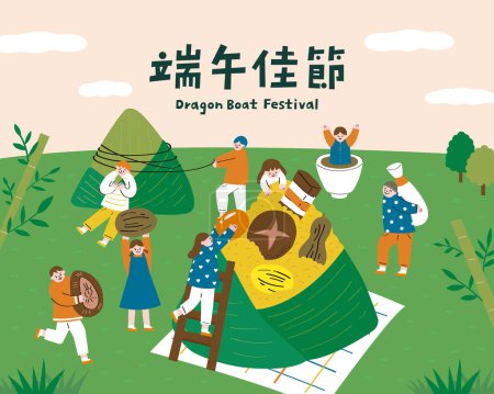 Übersetzung: Drachenbootfest. Menschen wickeln Reisknödel auf der Wiese
