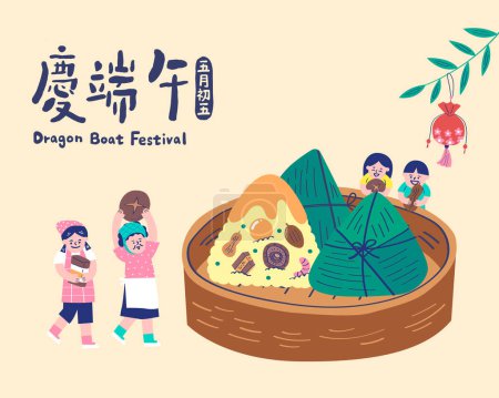 Übersetzung: Drachenbootfest. Mutter und Kinder legen Lebensmittelzutaten auf die Reisknödel