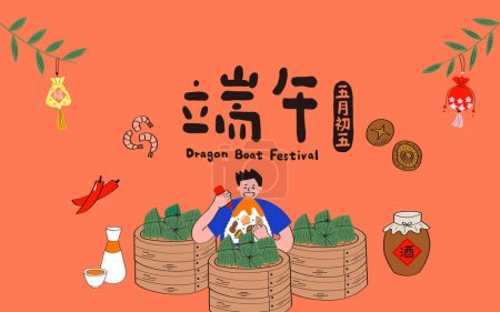 Illustration for Translation-Dragon Boat Festival. Boy eat a big rice dumpling. Collection of Duanwu Festival. - Royalty Free Image