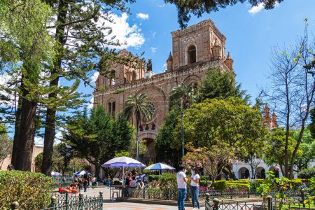 Photo for Cuenca, Ecuador - August 12, 2022: Cuenca Historic Center, Abdon Caldern Park and Inmaculada Concepcion Cathedral or New Cathedral on sunny day. UNESCO World Heritage Site - Royalty Free Image