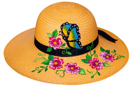 Téléchargez les photos : Chapeau Panama en paille fait main, chapeau Paja Toquilla ou sombrero avec fleurs brodées. Équateur. Souvenir populaire d'Amérique du Sud. - en image libre de droit