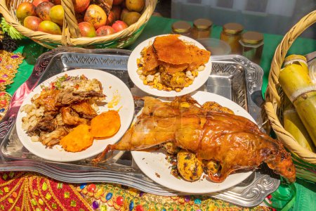 Platos tradicionales del altiplano ecuatoriano: cuy asado, hornado o chancho, maíz tostado, mote, patacones, piel de cerdo, etc.