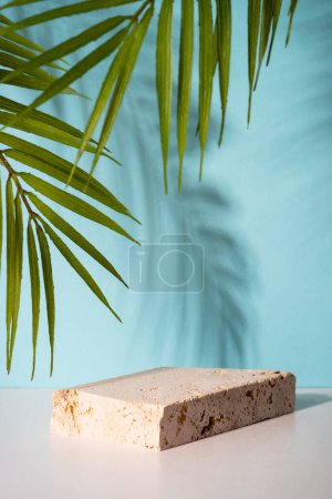 Photo for Podium for presentation cosmetic products on blue background with palm leaves. - Royalty Free Image