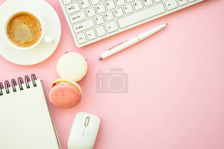 Photo for Office workspace. Woman flat lay pink creative layout freelance office desk. - Royalty Free Image