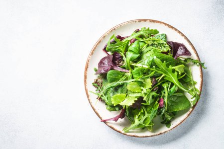 Téléchargez les photos : Salade verte, feuilles fraîches dans une assiette blanche. Vue du dessus. - en image libre de droit