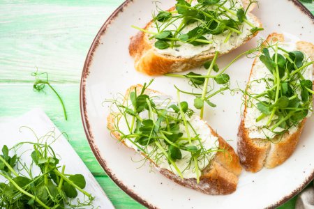 Photo for Open sandwich with cream cheese and micro greens at green background. Natural Healthy food, natural vitamins. Top view. - Royalty Free Image