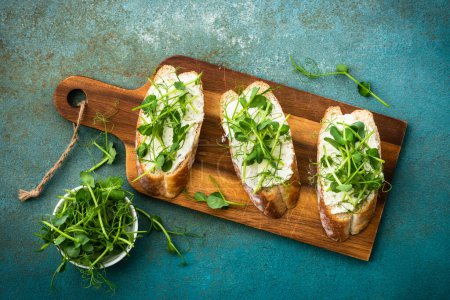 Photo for Toast with micro greens and cheese. Healthy food snack, vegetarian. Top view. - Royalty Free Image