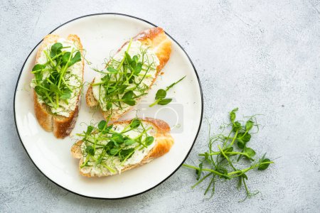 Photo for Toast with cream cheese and micro greens. Healthy food, natural vitamins. Top view. - Royalty Free Image
