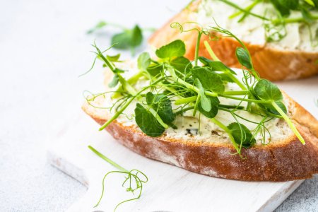 Foto de Tostadas con micro verduras, guisante verde y queso crema en azul. Snack de comida saludable, vegetariano. De cerca.. - Imagen libre de derechos