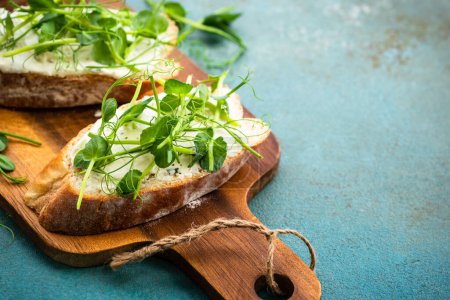 Photo for Toast with micro greens and cheese. Healthy food snack, vegetarian. Macro. - Royalty Free Image