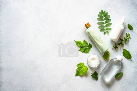 Foto de Natural cosmetic concept. Skin care product, cream, soap, tonic, mask with green plants. Flat lay image with copy space. - Imagen libre de derechos