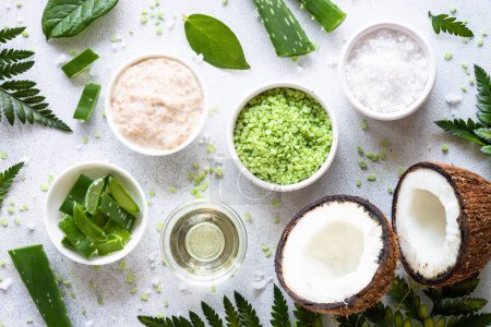 Photo for Natural cosmetic concept. Homemade cosmetic with aloe, sea salt, coconut, cosmetic oil and green leaves. Top view on white. - Royalty Free Image