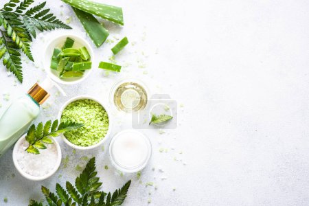Photo for Natural cosmetic concept. Homemade cosmetic aloe, sea salt, green leaves. Top view with copy space. - Royalty Free Image