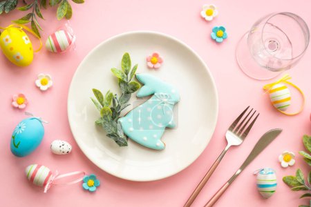 Photo for Easter food background with holiday decorations. Easter table setting. Flat lay on blue. - Royalty Free Image