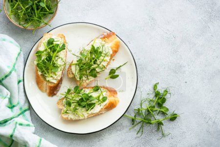 Photo for Toast with cream cheese and micro greens. Healthy food, natural vitamins. Top view. - Royalty Free Image
