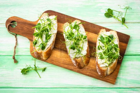Photo for Toast with cream cheese and micro greens. Healthy food, vegetarian, natural vitamins. Top view. - Royalty Free Image