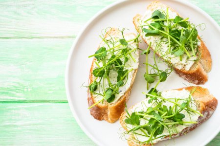 Photo for Open sandwich with cream cheese and micro greens at green background. Natural Healthy food, natural vitamins. Top view with copy space. - Royalty Free Image