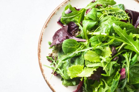 Photo for Green salad, fresh leaves in white plate. Top view. - Royalty Free Image