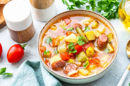 Photo for Minestrone soup, italian vegetable soup with smoked sausages, Top view on white table. - Royalty Free Image