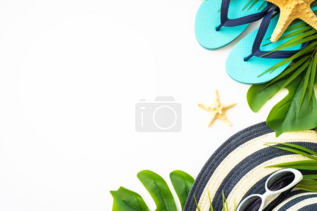 Photo for Summer flat lay background. Summer vacation and travel concept. Palm leaves, sea shells and decor on white background. - Royalty Free Image