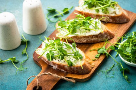 Photo for Toast with micro greens, green pea and cream cheese at blue. Healthy food snack, vegetarian. - Royalty Free Image