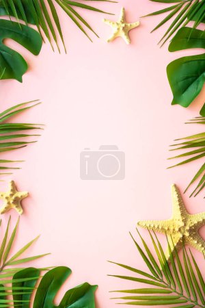 Photo for Summer flat lay on pink background. Tropical leaves, palm leaves and sea shells. - Royalty Free Image
