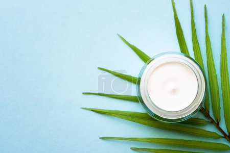 Photo for Cream jar with palm leaf on blue background. Natural cosmetic concept. Flat lay with copy space. - Royalty Free Image