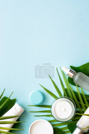 Téléchargez les photos : Cosmétique d'été, ensemble de produits cosmétiques avec des feuilles de palmier sur bleu. Vue du dessus. - en image libre de droit