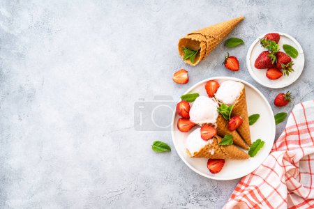 Photo for Homemade ice cream with fresh strawberries on stone table. Flat lay. - Royalty Free Image