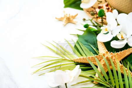 Téléchargez les photos : Fond abstrait tropical. Feuilles de palmier, chapeau, coquillages et fleurs tropicales. - en image libre de droit