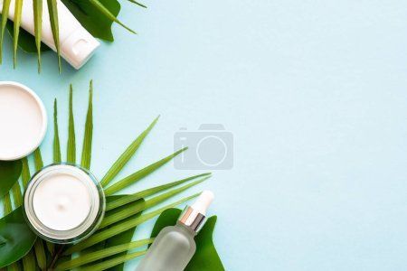Téléchargez les photos : Cosmétique d'été, ensemble de produits cosmétiques avec des feuilles de palmier sur bleu. Vue du dessus avec espace pour le texte. - en image libre de droit