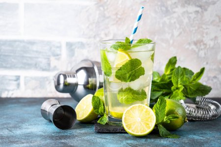 Téléchargez les photos : Mojito au rhum, menthe et citron vert en grand verre. Boisson estivale traditionnelle avec glace. - en image libre de droit