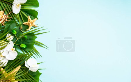 Téléchargez les photos : Plat d'été posé sur fond bleu. Feuilles, fleurs et coquillages tropicaux. - en image libre de droit