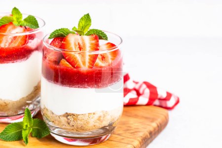 Photo for Strawberry cheesecake in glass, no baking dessert. - Royalty Free Image