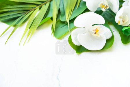 Photo for Tropical abstract background. Palm leaves and tropical flowers orchid. - Royalty Free Image
