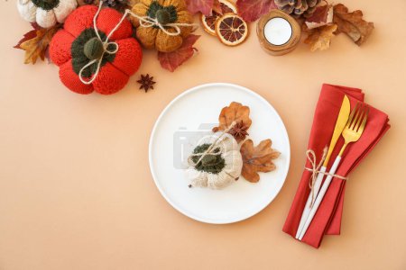 Photo for Autumn food background. White plate, cutlery and autumn decorations. Flat lay with copy space. - Royalty Free Image