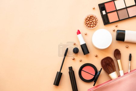 Photo for Make-up beauty products at pastel background. Powder, foundation, mascara, lipsticks. Flat lay. - Royalty Free Image