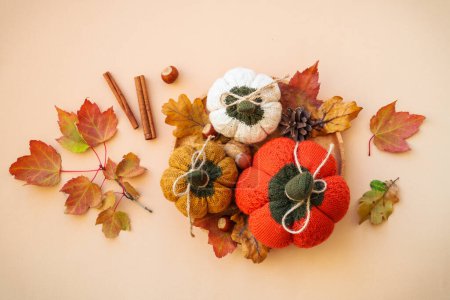 Foto de Decoraciones de otoño. Calabazas de punto, hojas y otras decoraciones sobre fondo de color. Decoración del hogar. - Imagen libre de derechos