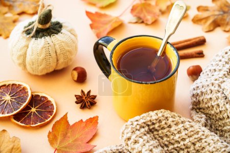 Téléchargez les photos : Tasse de thé, épices et citrouilles tricotées. Composition d'automne confortable, décor à la maison. - en image libre de droit