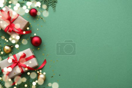 Photo for Christmas Present and red decorations at color background. Top view image with copy space. - Royalty Free Image