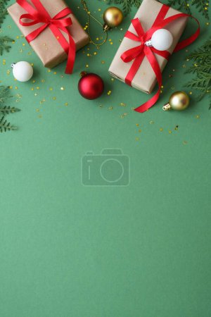 Foto de Regalo de Navidad y decoraciones rojas en el fondo de color. Imagen plana con espacio de copia. - Imagen libre de derechos